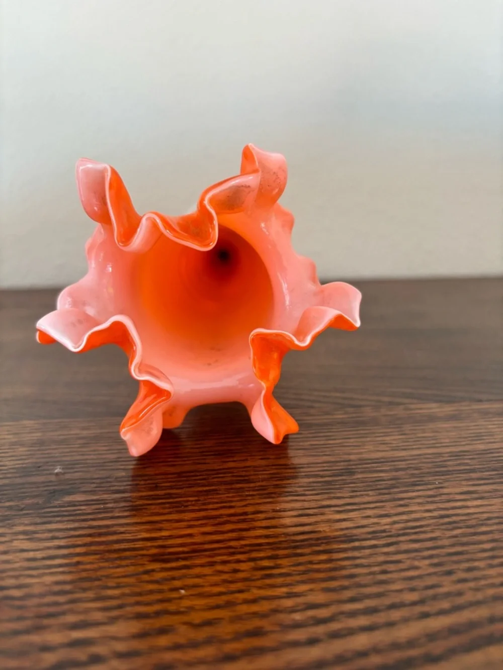Vintage Bohemian Art Glass Vase Orange Cased White Ruffled Vase